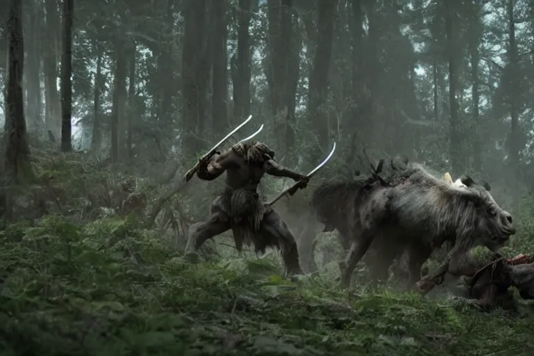 Image similar to vfx movie closeup detailed ancient warrior orc hunting elk in the forest, natural lighting by emmanuel lubezki