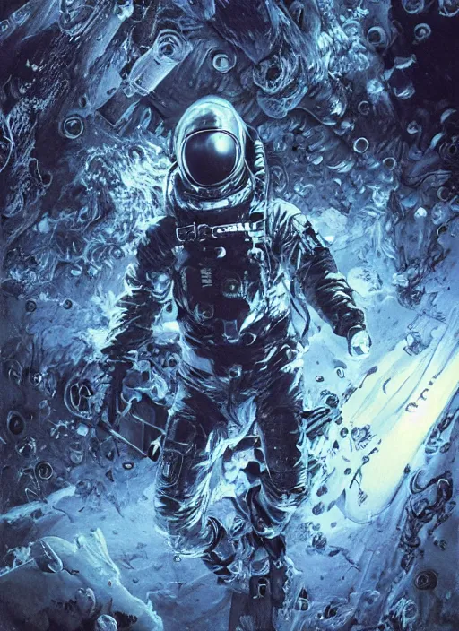 Image similar to astronauts in dark void underwater - complex and hyperdetailed technical suit. reflection and dispersion materials. rays and dispersion of light. volumetric light. f / 3 2. noise film photo. flash photography. ultra realistic, wide angle. poster by wayne barlowe, hajime sorayama aaron horkey, craig mullins