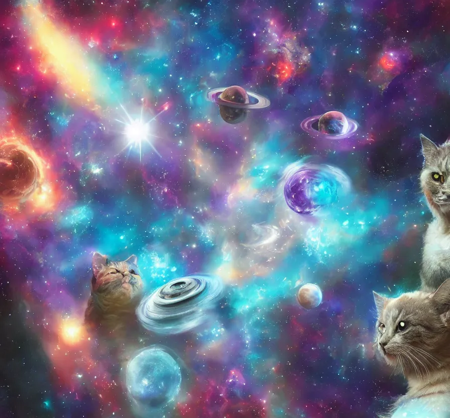 Prompt: space cat as nebula with planets, acrilic paint, heavenly atmosphere, ink paint, ultra detailed, by popular digital artist, beautiful image, resolution, artstation