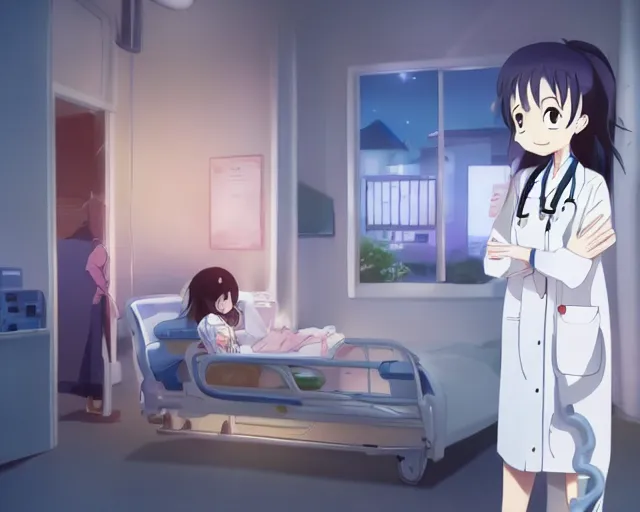 Image similar to a cute young female doctor wearing white coat with a little girl in a hospital, slice of life anime, lighting, anime scenery by Makoto shinkai