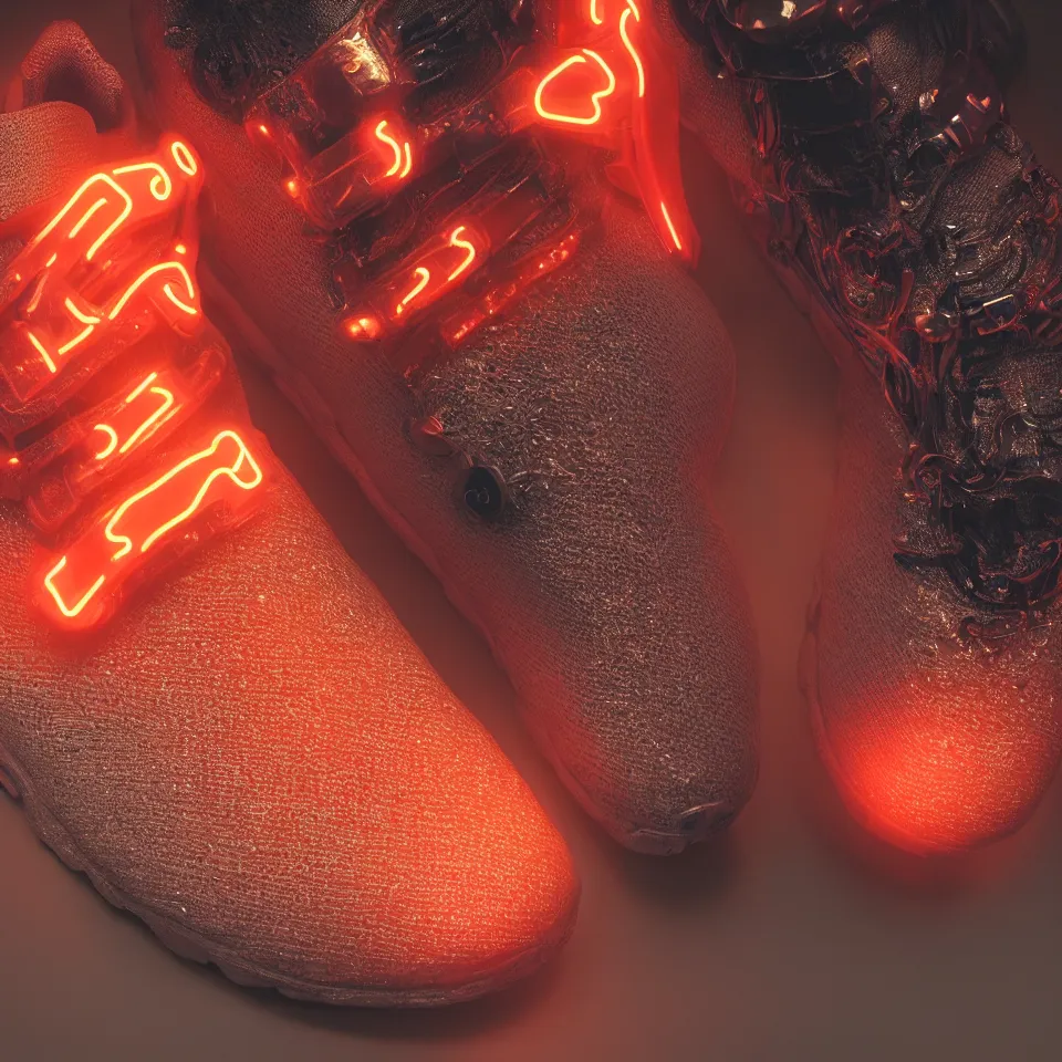 Image similar to realistic 8 k sculpture of a cyberpunk sneaker with neon illuminated rubber soles and soft orange shoelaces, beautiful studio lighting, soft, sharp focus, cyberpunk, intricate detail, gold and red accents, soft rubber, octane render, trending on artstation, deviantart, art by hiroshi fujiwara