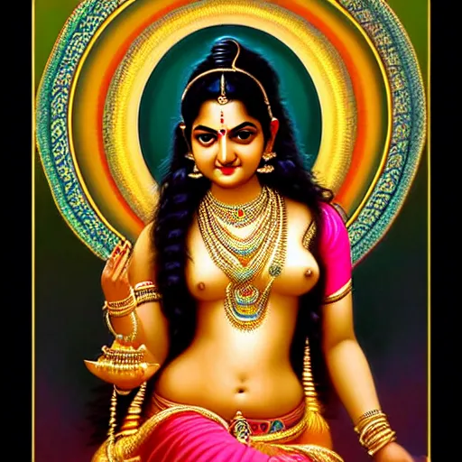 Image similar to seductive lakshmi, laxmi Indian Goddess in a sensual pose, sci-fi, fantasy, intricate, beautiful, elegant, attractive, indian goddess of wealth, highly detailed, digital painting, artstation, masterpiece, concept art, smooth, sharp focus, art by artgerm, hajime sorayama, William-Adolphe Bouguereau and greg rutkowski