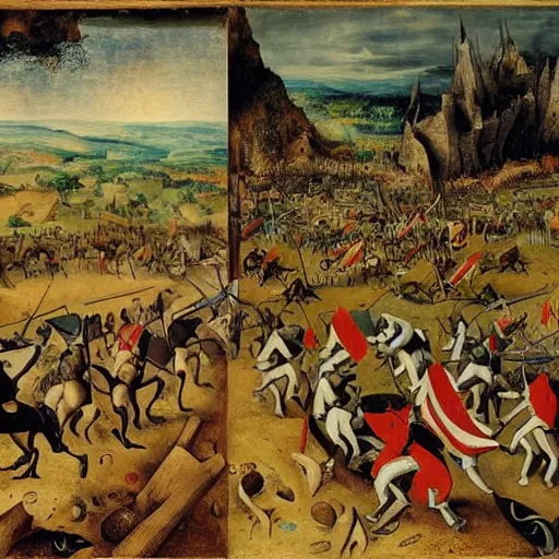 Prompt: a beautiful installation art of a battle scene from the lord of the rings. by pieter bruegel the elder