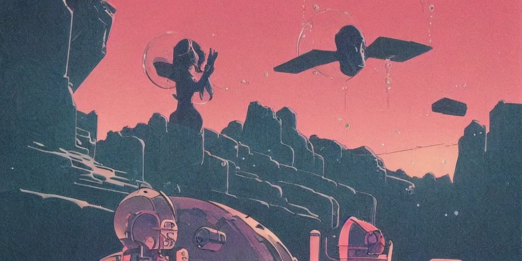 Image similar to vintage sci - fi, matte gouache illustration, gigantic woman speaking to floating cats in the air, cubes of ice around, a lot of tears, people crying, ominous, style by moebius