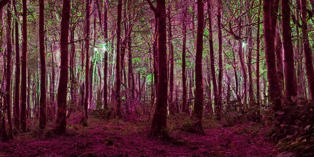 Image similar to soft bioluminescent forest at night. deep blacks. color adjusted. 4 k cinematic cg weta weta weta lut balanced perfect lighting colorgraded