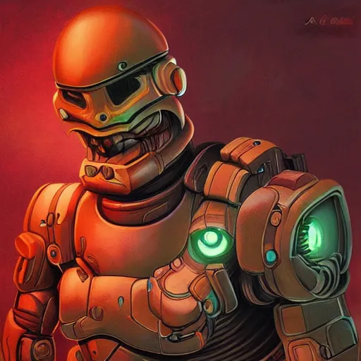 Image similar to cyborg rooster as a doomguy, by artgerm