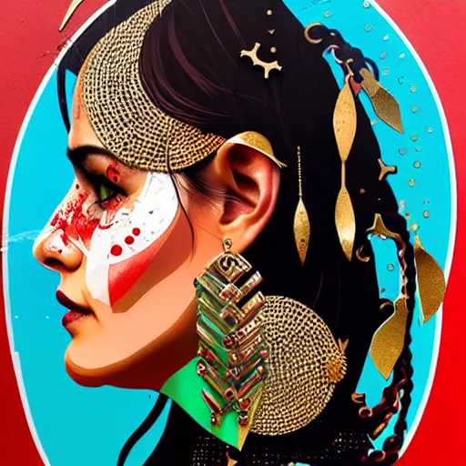 Image similar to portrait of chitral woman :: side profile :: in ocean :: clockwork details :: gold :: blood and horror :: by marvel and Sandra Chevrier