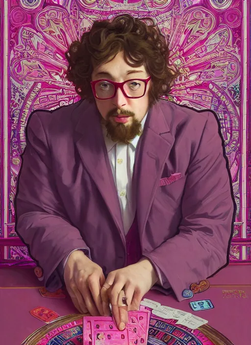 Image similar to Sam Hyde wearing a luxurious pink suit gambling in Las Vegas Wynn hotel, sigma male, accurately portrayed, portrait art by alphonse mucha and greg rutkowski, highly detailed, digital painting, concept art, illustration, dim lighting with twilight rays of sunlight, trending on artstation, very detailed, smooth, sharp focus, octane render, close up