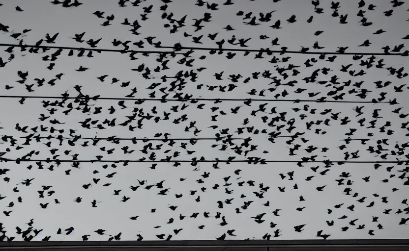 Image similar to low angle photo of a flock of birds scene from the travel plaza window, scene from being john malcovich film directed by charlie kaufman ( 2 0 0 1 ), moody cinematography and lighting, 2 4 mm anamorphic lens