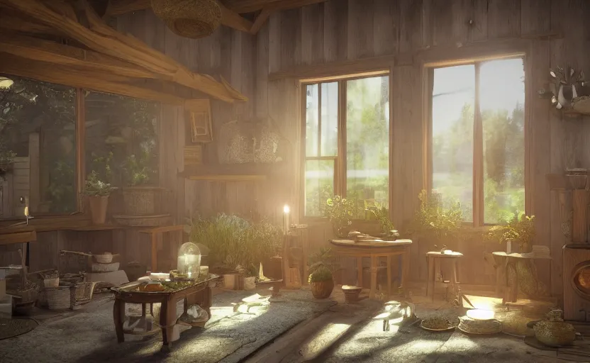 Prompt: interior view of an herbalist cottage, waxy candles, wood furnishings, light bloom, dust, ambient occlusion, rays of light coming through windows, trending on artstation