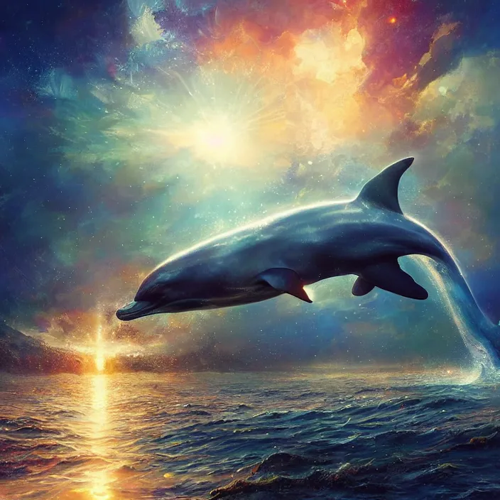 Prompt: glimmering whale, dolphins, golden hour, god rays, coral reef, dreamscape by artgerm and ruan jia and ismail inceoglu and greg olsen, cosmos, milky way galaxy, masterpiece, beautiful, intricate, elegant, highly detailed