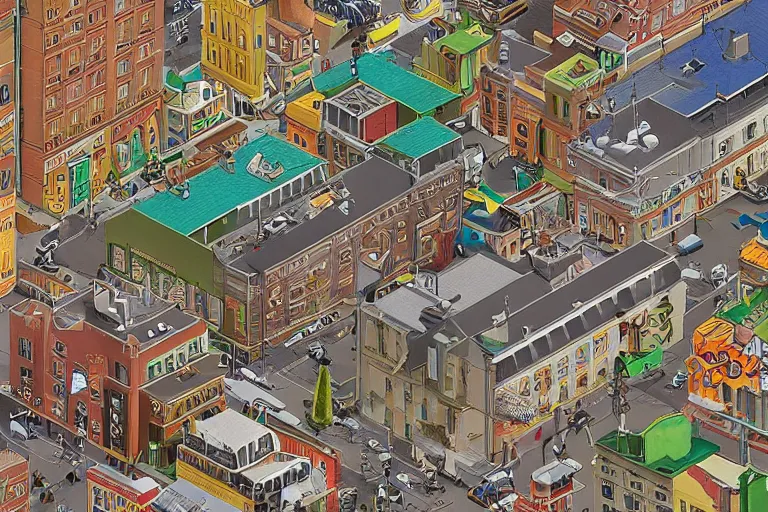 Image similar to highly detailed isometric illustration of a city scape by Wes Anderson, hyperrealistic, photorealistic, artstyle, highly detailed, sharp