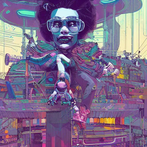 Prompt: a painting of a cyberpunk circus, illustration, painted by josan gonzalez