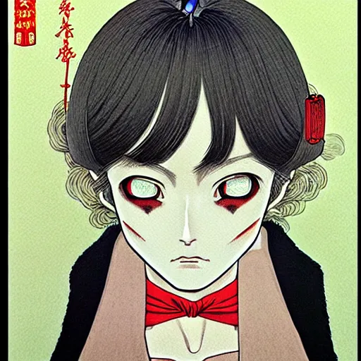 Image similar to prompt : mysterious portrait painted in miyazaki color style drawn by katsuhiro otomo and takato yamamoto, inspired by fables, china doll face, smooth face feature, intricate oil painting, high detail, sharp high detail, manga and anime 2 0 0 0