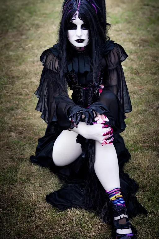 Image similar to full - length photo, young woman, sitting on her knees, gothic clothes, 4 k, colourful