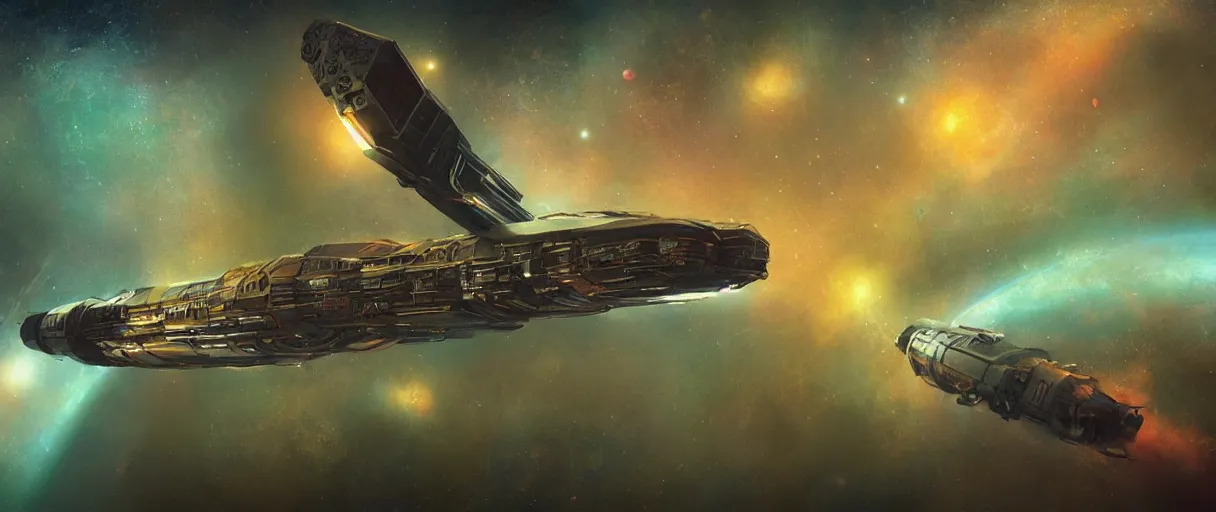 Image similar to illustration, a single small spaceship, deep space exploration, alone, the expanse tv series,industrial design, painted hull, hyperdetailed, cinematic lighting, 4k, greebles, widescreen,  wide angle, sharp and blocky shapes, hubble photography, the final frontier, beksinski, neon lights