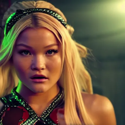 Image similar to cinematic scene with olivia holt as jolyne from jojo's bizarre adventure, live action film, stone ocean, dramatic, small details, volumetric lighting, still frame