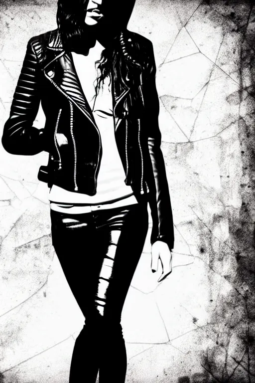 Image similar to dreamy rock girl, black leather jacket, detailed acrylic, grunge, perfect lighting. professional design. great composition, illustration