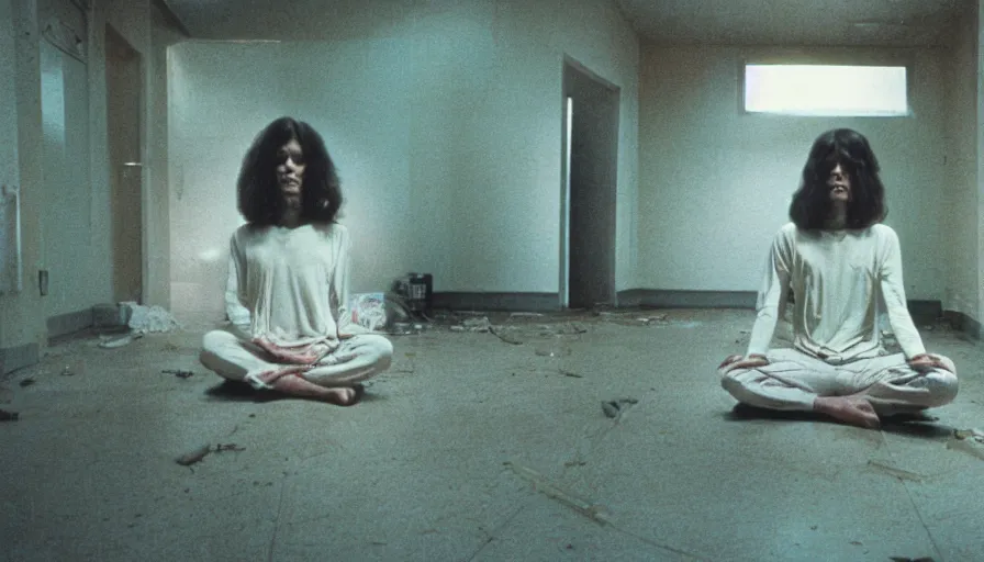 Image similar to 7 0 s film still from a horror movie about a person meditating inside of an abandoned mental hospital, kodachrome, cinecolor, cinestill, film grain, film texture, retro, cinematic, high resolution, photorealism,