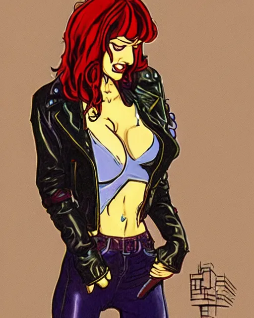 Image similar to young female protagonist in leather jacket, city street, artwork by ralph bakshi