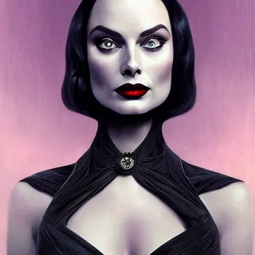 Prompt: margot robbie as morticia addams, masterpiece, intricate, elegant, highly detailed, digital painting, artstation, concept art, smooth, sharp focus, illustration, art by artgerm and greg rutkowski and alphonse mucha and uang guangjian and gil elvgren and sachin teng, symmetry!!