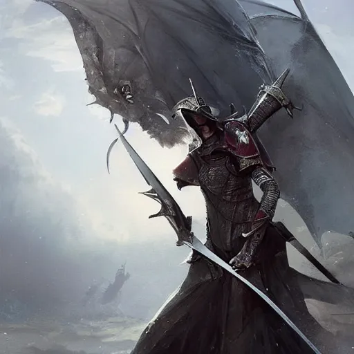 Image similar to emily blunt as a medieval knight, sword plunging into a dragon, shield held high protecting her from its flaming breath, fantasy art by greg rutkowski