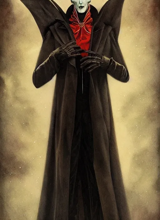 Image similar to a portrait of an extremely gaunt nosferatu esque vampire in a futuristic uniform, art by manuel sanjulian and tom bagshaw