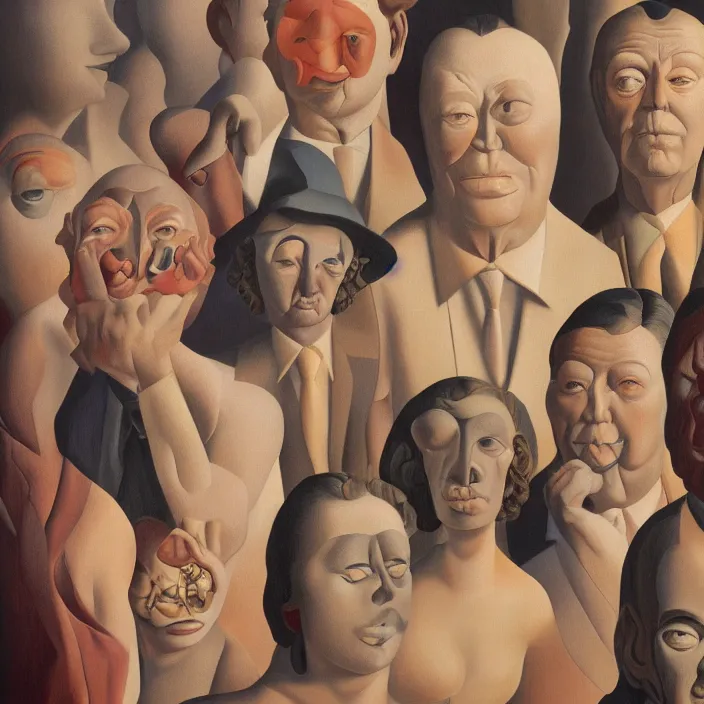 Image similar to group of people pictured in afternoon light, close - up of the faces, anatomically and proportionally correct, surrealist oil painting by james jean, dora maar and rene magritte, detailed, cgsociety,