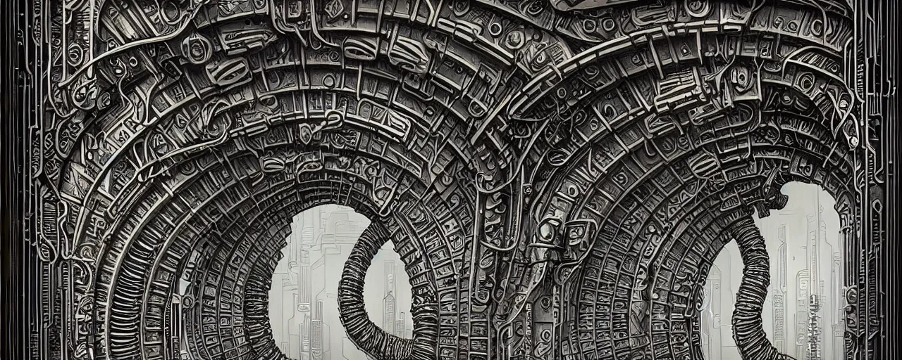 Image similar to a double helix dna cyberpunk steampunk stone carved archway, art deco high details, lineart, by vincent di fate and joe fenton, inking, screen print, masterpiece, trending on artstation, sharp, high contrast, hyper - detailed, ultrawide, hd, 4 k, 8 k