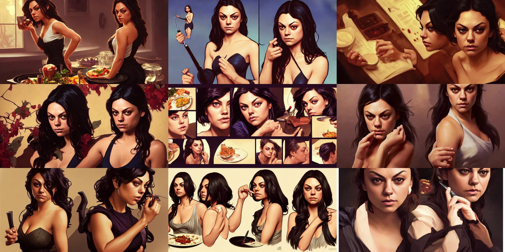 Prompt: mila kunis eating dinner, character sheet, character design, contrast, deep focus, turnaround, highly detailed, dramatic lighting, digital painting, artstation, concept art, matte, sharp focus, illustration, elegant, art by artgerm and greg f and alphonse mucha.