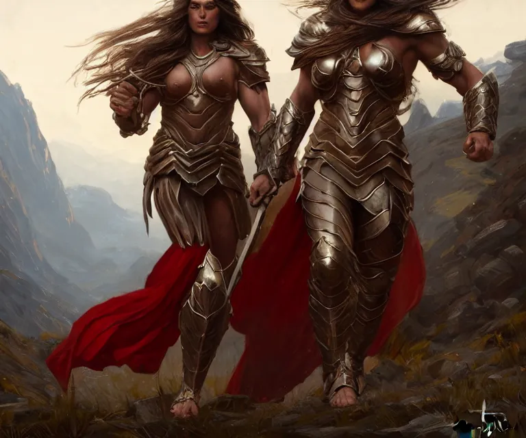Image similar to epic portrait cinematic shot an spartan woman wearing bronze armor and a red cape, wet flowing brown hair, shiny skin, muscular, mountain backround, fine details. night setting. realistic shaded lighting poster by craig mullism, artgerm, jeremy lipkin and michael garmash, unreal engine, radiant light, detailed and intricate environment, digital art, trending on art station,