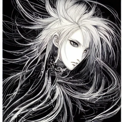 Image similar to yoshitaka amano blurred and dreamy illustration of an anime girl with black eyes, wavy white hair fluttering in the wind wearing elden ring armor and engraving, abstract black and white patterns on the background, noisy film grain effect, highly detailed, renaissance oil painting, weird portrait angle, blurred lost edges, three quarter view