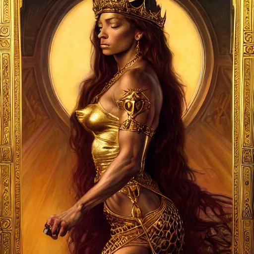 Prompt: highly detailed portrait of a majestic lioness queen in the form of a beautiful woman. d & d, art by donato giancola and evelyn de morgan and eugene delacroix and frank frazetta. trending on artstation, intricate details, energetic composition, golden ratio, concept art, illustration, elegant art, global illuminaition