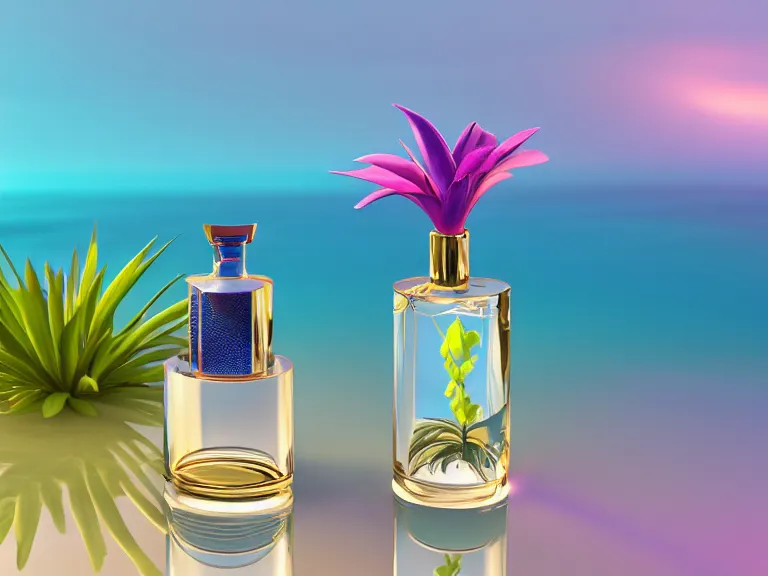 Prompt: perfume bottle standing in a desert oasis in deep blue pond water surrounded by tropical flowers by zaha hadid ; octane highly render, 4 k, ultra hd, 2 0 0 mm, mute dramatic colours, soft blur outdoor stormy sea background, illuminated lighting