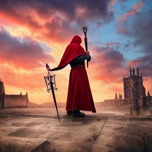 Prompt: man wearing a cloak and holding two red daggers, cinematic, sunset, medieval city background, painting, art