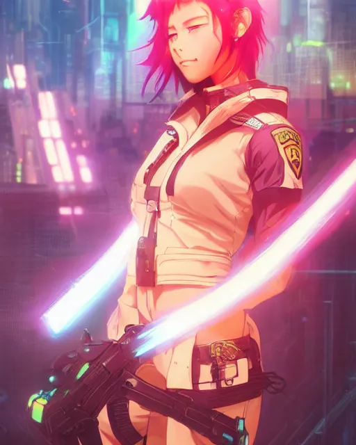 Prompt: anime key visual of a young cat female police officer, neon, cyberpunk, futuristic, stunning, highly detailed, digital painting, artstation, smooth, soft focus, illustration, art by artgerm and greg rutkowski and alphonse mucha