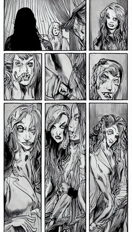 Prompt: multi - panel page from a highly detailed horror comic. young woman talking with a horrifying creature in her adjustment. terror. ink.