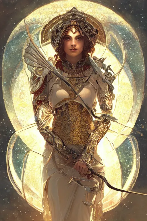 Image similar to Pisces zodiac tarot card, holy light, intricate armor, elegant, highly detailed, digital painting, artstation, concept art, smooth, sharp, focus, illustration, art by artgerm and greg rutkowski and alphonse mucha