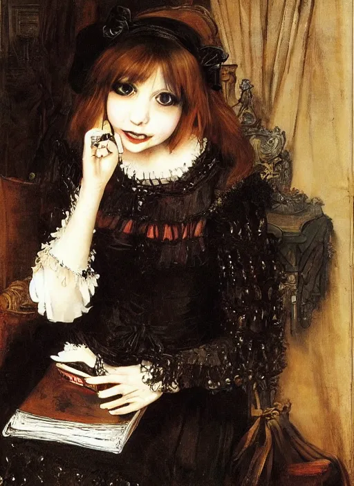 Prompt: misa amane, gothic dress, reading a book. by rembrandt, ( ( konstantin razumov ) )