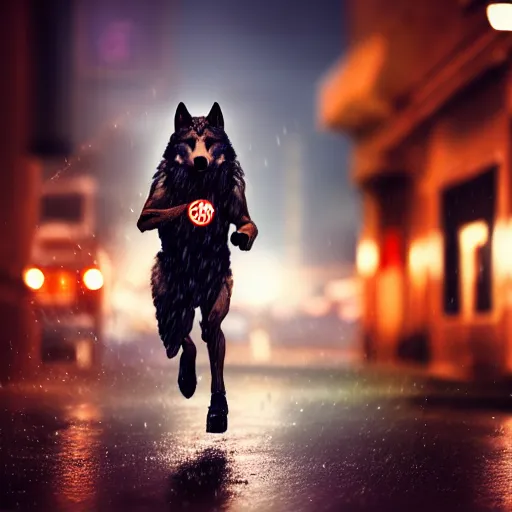 Prompt: an anthropomorphic male wolf running in the streets, night, rain, cinematic, photograph, volumetric lighting, f 8 aperture, cinematic eastman 5 3 8 4 film, photorealistic