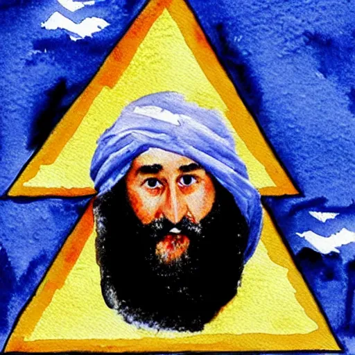 Image similar to George bush dressed as Osama bin laden painting a watercolor pyramid with an eye inside the triangle