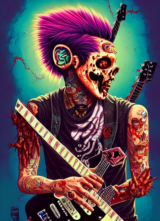 Image similar to a zombie punk rocker with a mohawk playing electric guitar, tristan eaton, victo ngai, artgerm, rhads, ross draws, cinematic by francis tneh