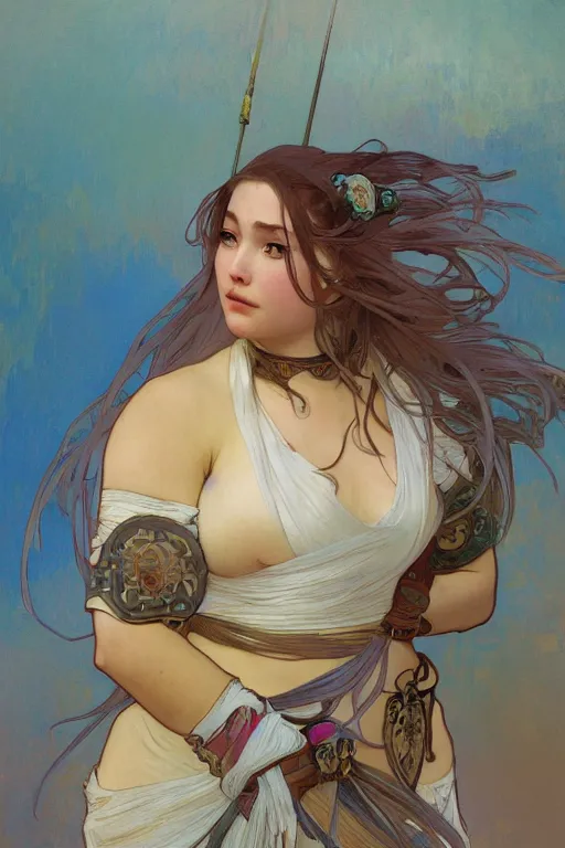 Image similar to portrait of a beautiful chonky young female warrior in the middle of a fight as drawn by by loish, alphonse mucha, thomas moran, mandy jurgens, fashion photography 8 k subsurface scattering, soft light