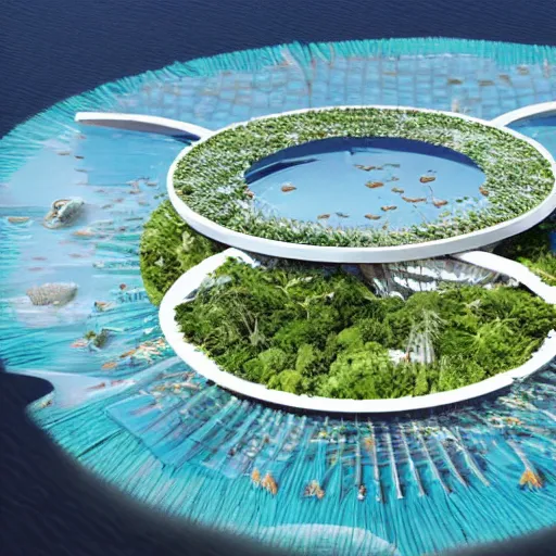 Image similar to futuristic underwater farm is situated at the the rio de janeiro shore, main access is on the water surface, through four marinas covered with a mangrove rooted on a floating dome 500 meters in diameter. Vincent Callebaut Aequoarea, modular living, co-working spaces, fab labs, recycling plants, science labs, educational hotels, sports fields, aquaponic farms and phyto-purification lagoons stack up layer by layer. the twisting of the towers is ultra-resistant to hydrostatic pressure. its geometry allows it to fight marine whirlpools and thus reduce motion sickness.bioluminescence thanks to symbiotic organisms that contain luciferin which emits light through oxidation, 8k,