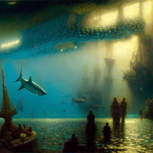 Image similar to point of view of deep in the ocean looking up, you see fishes, the milk way, night time, midnight, no sunlight. highly detailed painting by gaston bussiere, greg rutkowski 8 k