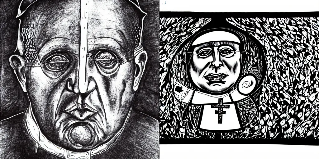 Prompt: an image of madness, the pope, black and white, pen and ink, very detailed, dark, by Nick Blinko, outsider art