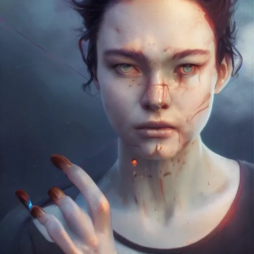 Image similar to epic portrait an woman wearing short sleeved sailor outfit, sweaty skin, hyperrealistic, expressive, emotional, moody, contre jour, octane render, cinematic, beautiful face and flawless skin, perfect hands, 5 fingers, by Edgar Maxence and Ross Tran and Michael Whelan, Legends of Runeterra