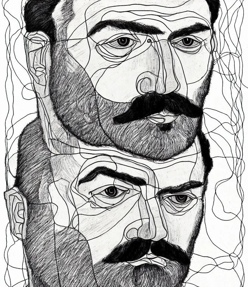 Prompt: detailed line art portrait of ernest hemingway, inspired by egon schiele. caricatural, minimalist, bold contour lines, musicality, soft twirls curls and curves, confident personality, raw emotion