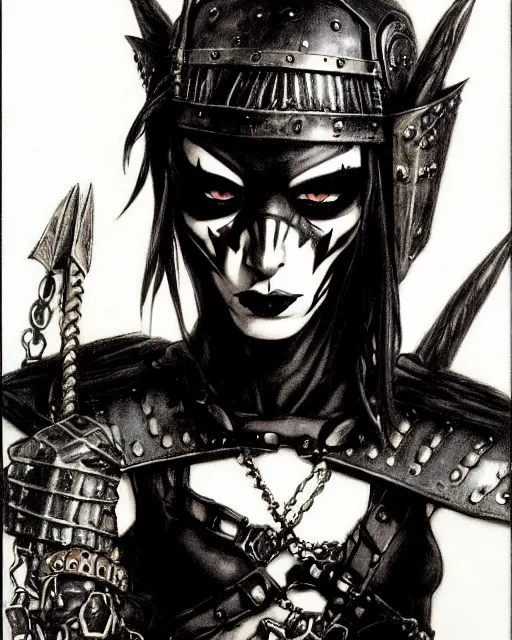 Prompt: portrait of a skinny punk goth thief wearing armor by simon bisley, john blance, frank frazetta, fantasy, barbarian, hardcore