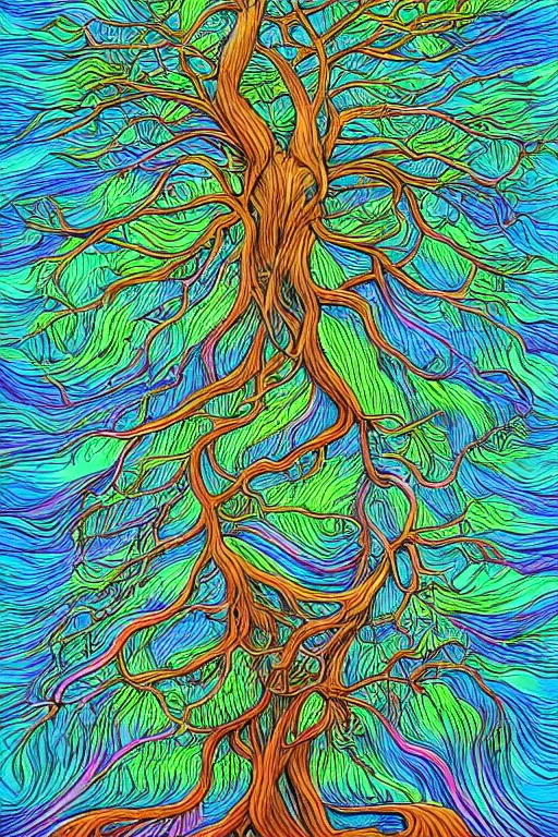 Prompt: a color digital art drawing of a tree with its roots in the water, an illustration of by edgar schofield baum, haeckel and alasdair gray, featured on deviantart, iridescent, ecological art, photoillustration, fractalism, storybook illustration